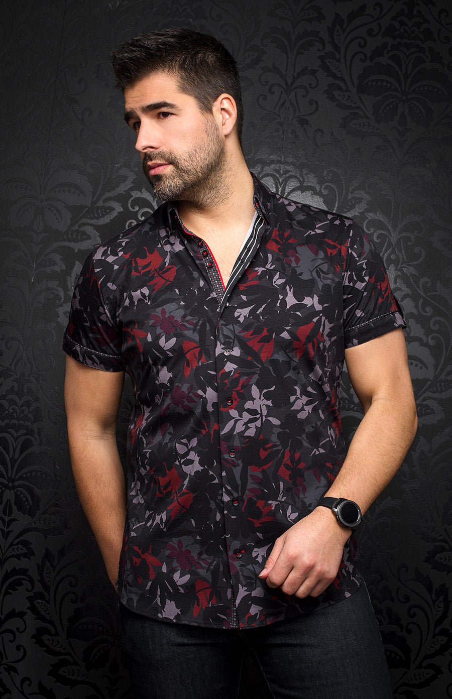 Au Noir Short Sleeve Stretch Shirt | Giodel Black Red