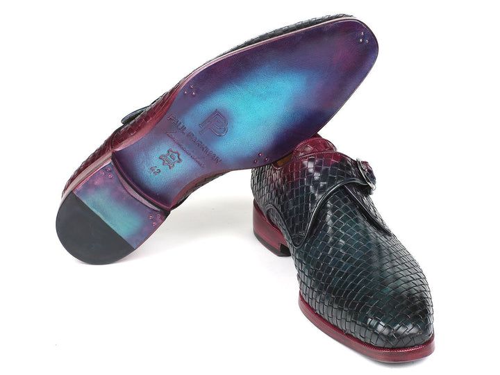 Paul Parkman Purple & Green Woven Leather Single Monkstraps (ID#011WN28)